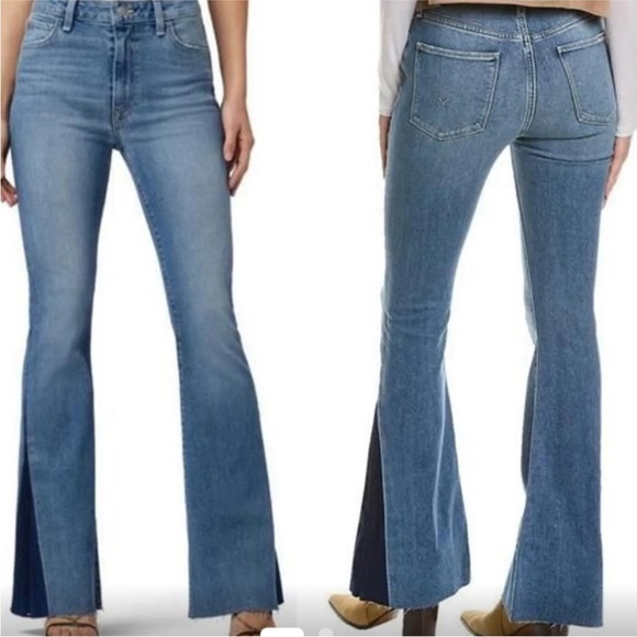 Hudson Heidi High Rise Flare Psychedelic Two Tone Blue Raw Hem Festival Jeans - Picture 1 of 16